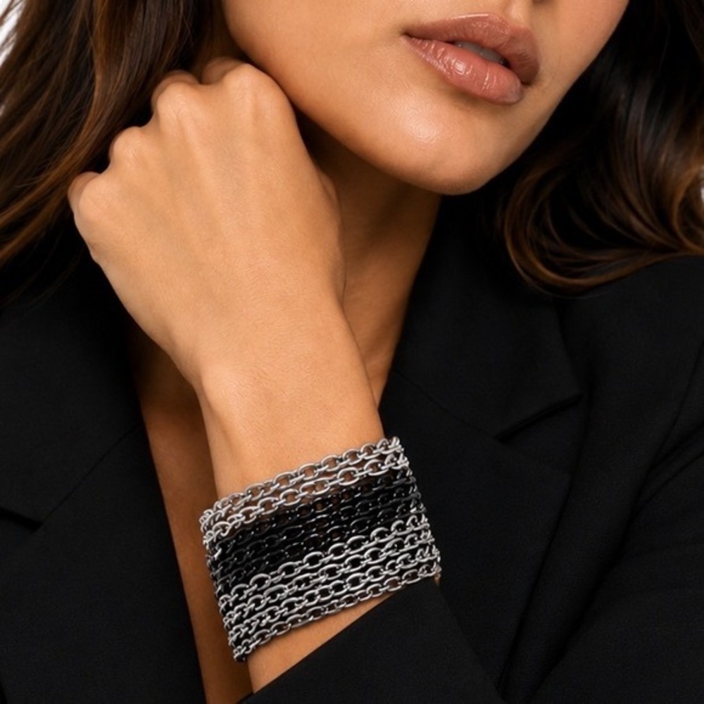 Chico's Multi Strand Chain Cuff Bracelet Silver Gunmetal Black Toggle Clasp J-01